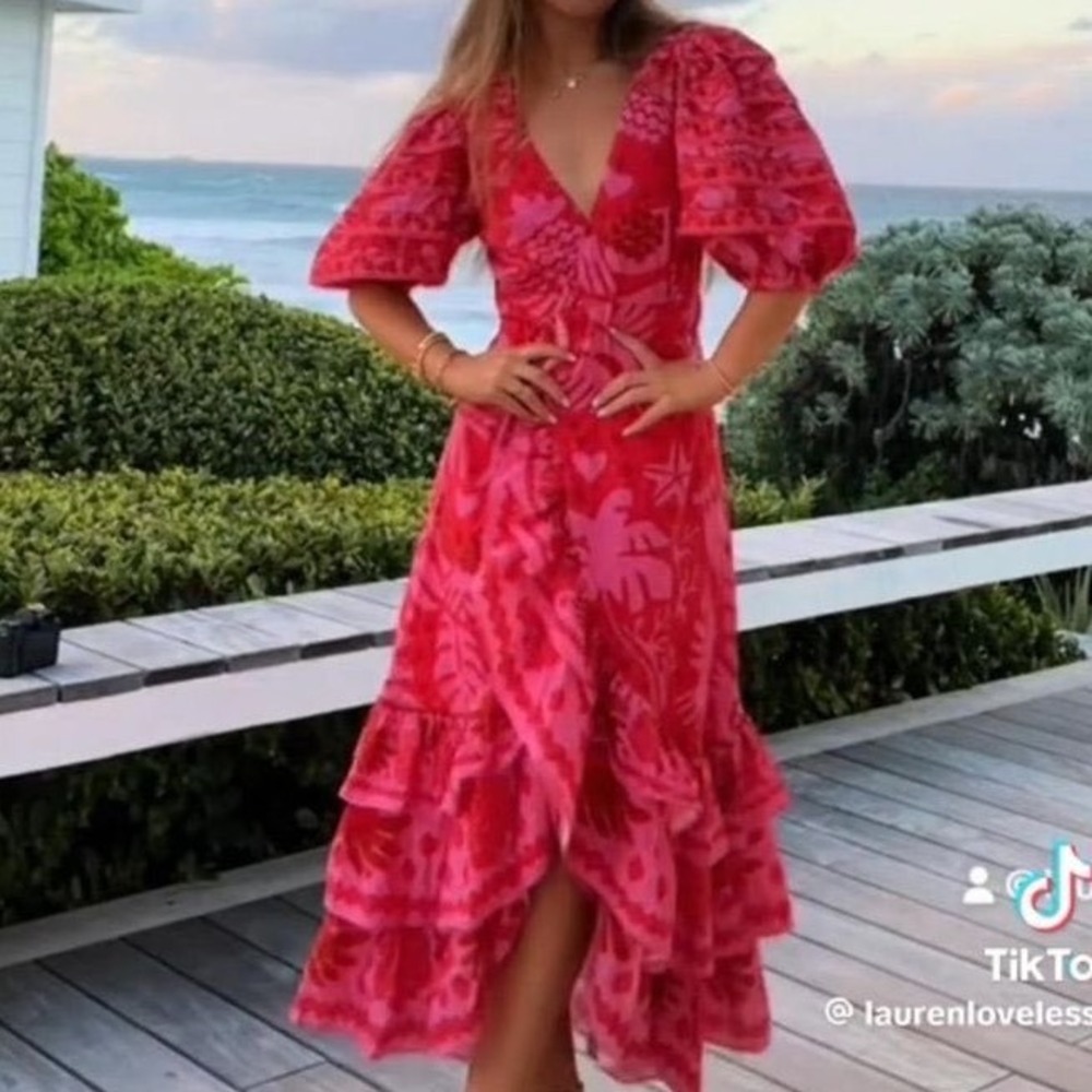 FARM Rio Pink and Red Floral Midi Dress